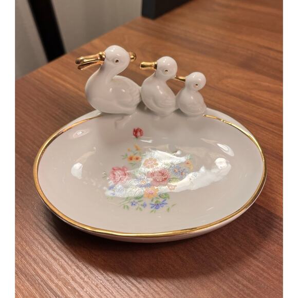 Vintage Gerold & Co Bavaria Duck Ring Dish Trinket Bowl Gold Trim Floral - Picture 2 of 11